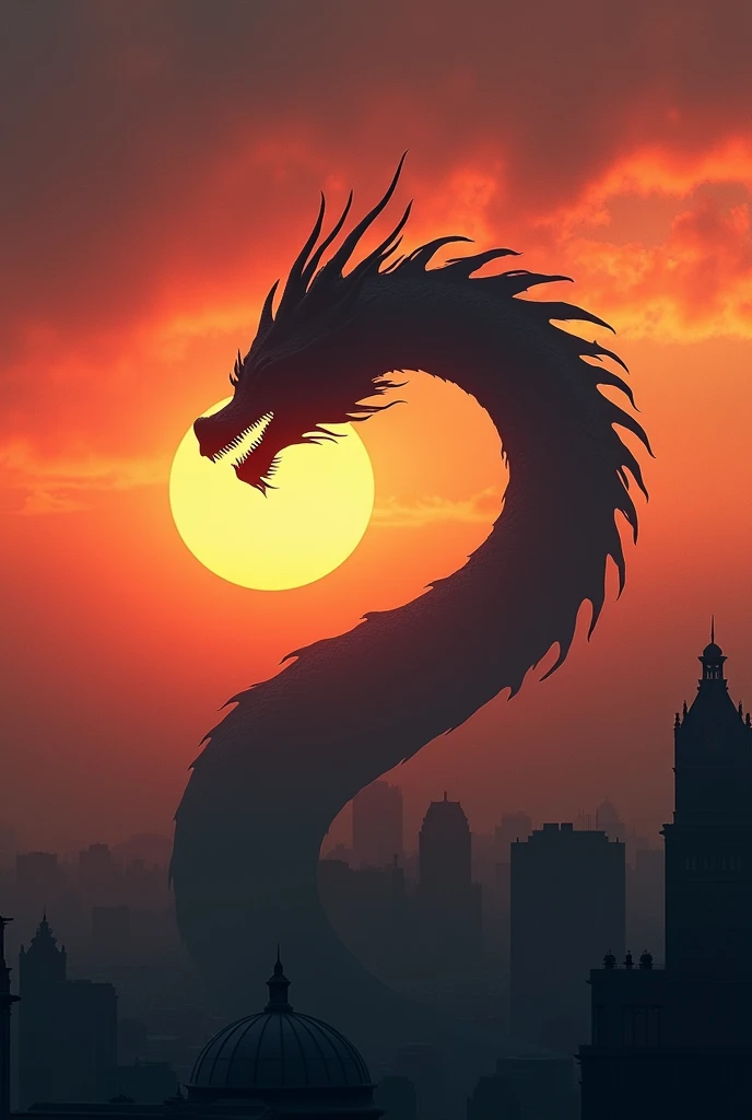 the dark silhouette of a city against the light with a fiery sunset like fire from which emerges the dark silhouette with black and gray tones and huge of a dragon so long that it is seen rolled up several times, an excellent handling of the depth field an exquisite and powerful composition, vivid red, orange and yellow tones like fire and pure blacks combined with grays, Giving it a tinge of mystery with a visually striking and innovative design using shades of grays to handle layers and depths in an extraordinary way, it is an iconic image that is beautiful and full of strength and symbolism.