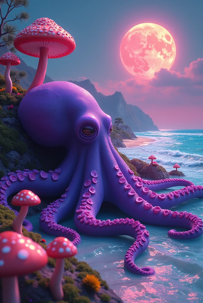 purple radioactive psychedelic octopus from a hallucination lying sleeping on the surface of the magical sea near the coast paradise beach full of hallucinogenic mushrooms on a calm colorful sunny day