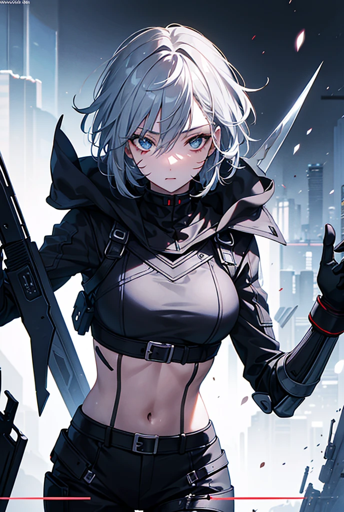 Sexy woman,Highest quality, Textured skin, Shortcuts, Grey Hair, Sword wielder,Character portrait, cyber punk,Food, Scar on cheek, Anime Style, 