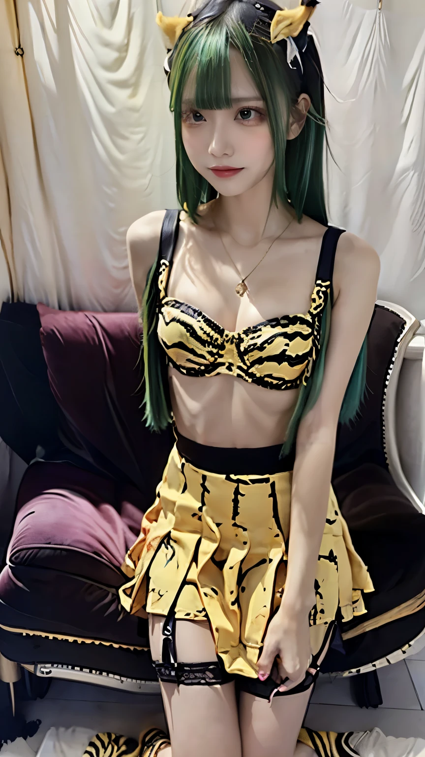(((Highest quality))),(((Super detailed))),(((masterpiece))),figure,((1 beautiful girl,alone)),(Blue and green hair,Shoulder-length messy hair:1.2),((slim,glamorous)),(Thin legs:1.2),Fair skin,((Yellow and black tiger print bra,Yellow and black tiger print mini skirt)),Short demon horns,Fascinating,Sunlight Filter,Playful,Adventurous,striking appearance,Exotic Settings,Daylight Saving Time,hot,humidity,Vibrant colors,infinite possibilities,Exquisite detail,,Feminine charm,((from the front,Upper Body))