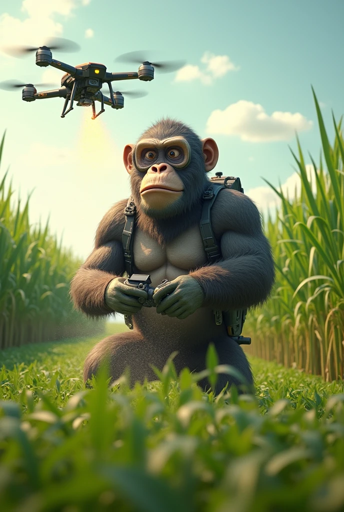 Ape piloting agricultural drone that applies chemicals to sugar cane