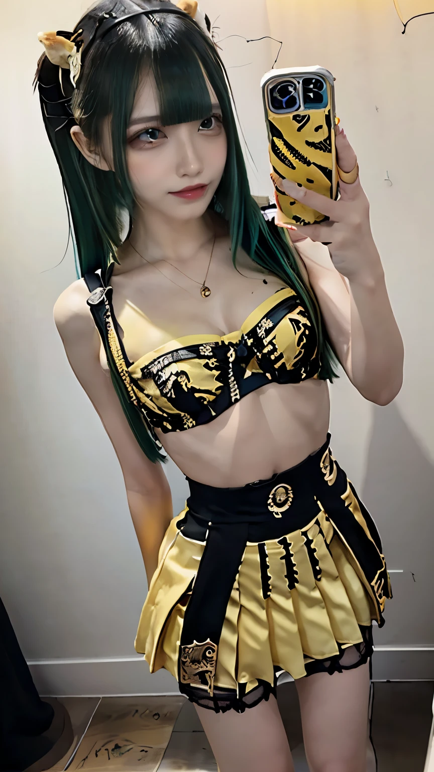(((Highest quality))),(((Super detailed))),(((masterpiece))),figure,((1 beautiful girl,alone)),(Blue and green hair,Shoulder-length messy hair:1.2),((slim,glamorous)),(Thin legs:1.2),Fair skin,((Yellow and black tiger print bra,Yellow and black tiger print mini skirt)),Short demon horns,Fascinating,Sunlight Filter,Playful,Adventurous,striking appearance,Exotic Settings,Daylight Saving Time,hot,humidity,Vibrant colors,infinite possibilities,Exquisite detail,,Feminine charm,((from the front,Upper Body))