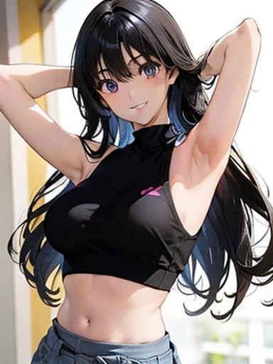 Girl, cute, adorable, (smiling:1.5), straight hair, long hair, (black hair:1.3), full breasts, standing, (right arm up behind:1.2), (shows armpit:1.2), (left　arm Lower waist:1.2), Swayback stance, looking at the camera, From the front, from thighs to head, my room, daylight, Sports bra