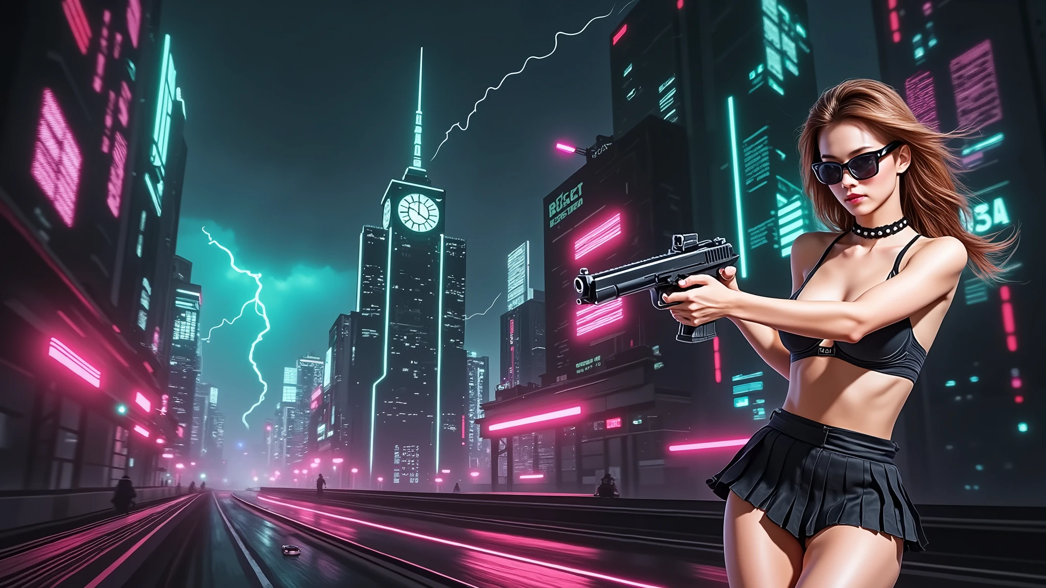(Wide angle aerial view). At night, simple outlined cyberpunk city, flying cars, all-glass buildings, glowing giant clock tower, lightning, line art background. High-resolution OLED GUI interfaces in the building, The windows are filled with transparent data visualization infographics that show it all, very close-up green glowing cascading code. Colors are saturated and vibrant. At night, (1girl, solo, alone), photorealistic, large-breast slim:0.6 body, oval:0.5 face, black mini bra, cleavage:1.1, deep-v, very low angle view of black pleated miniskirt, white panty, (upskirt), glove, (Matrix style black micro sunglasses), (aiming viewer with a short gun), dynamic running pose, (half-body thigh level close-up shot), cinematic lighting, ray tracing, motion blur background.