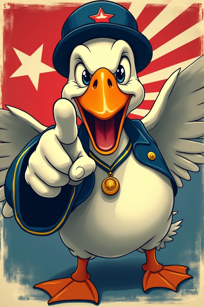 Create a meme-style image of a goose pointing at the reader saying your country needs you