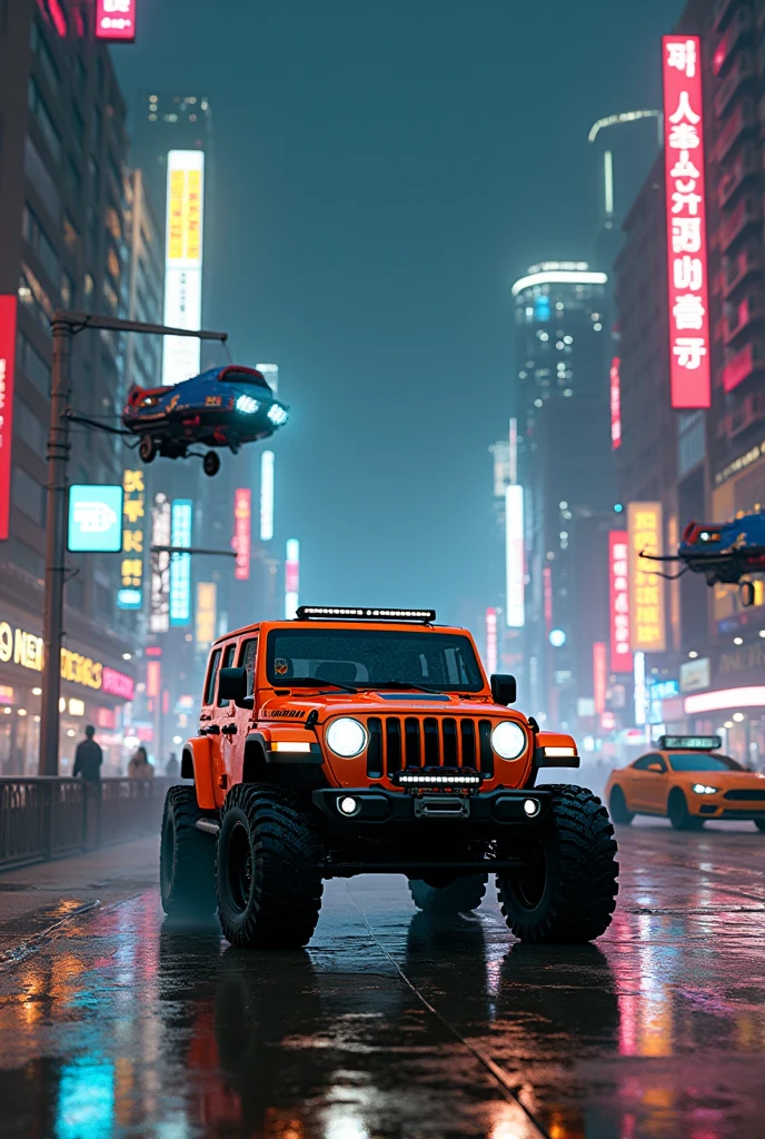 (masterpiece, (best quality), orange gray black jeep, cyberpunk city, streetlights, neon signs, night, accerate