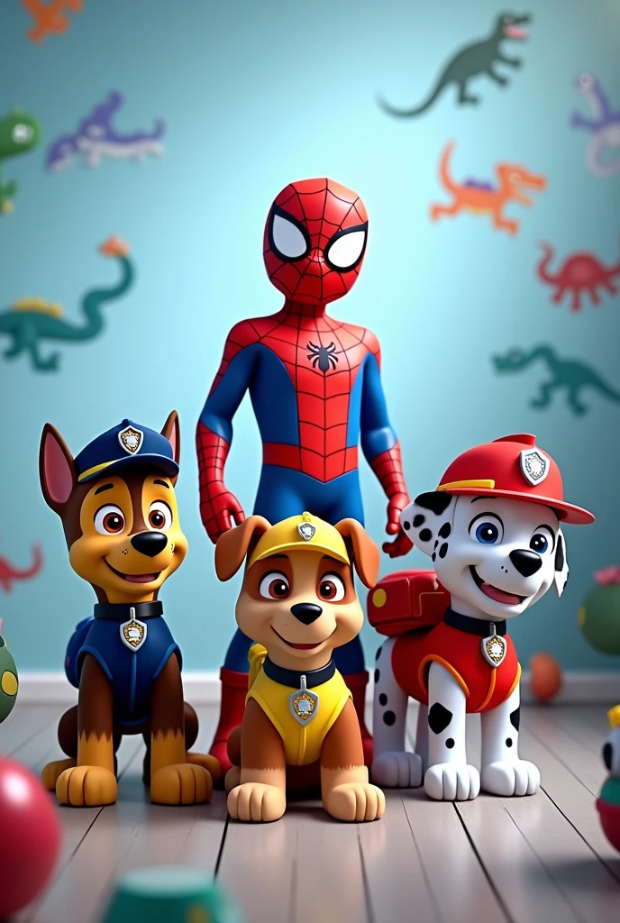 Paw patrol and spiderman light blue and dinosaur wallpaper 