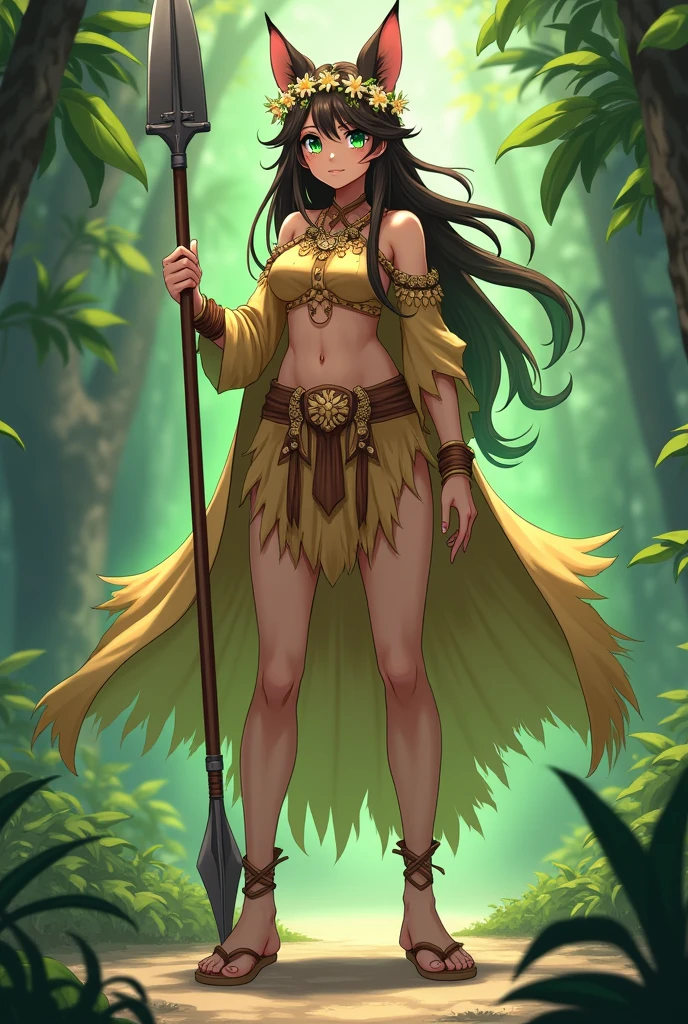 oc anime, female, human race, brown fur and a slightly strong body but not too much, long hair and dark brown eyelashes, a bit messy but straight, emerald eyes, flower crown on her head, wears an indigenous tribal leader's outfit, having a golden cape on her back, and wearing beige slippers, in addition she has a spear, and emanates a greenish aura from her body