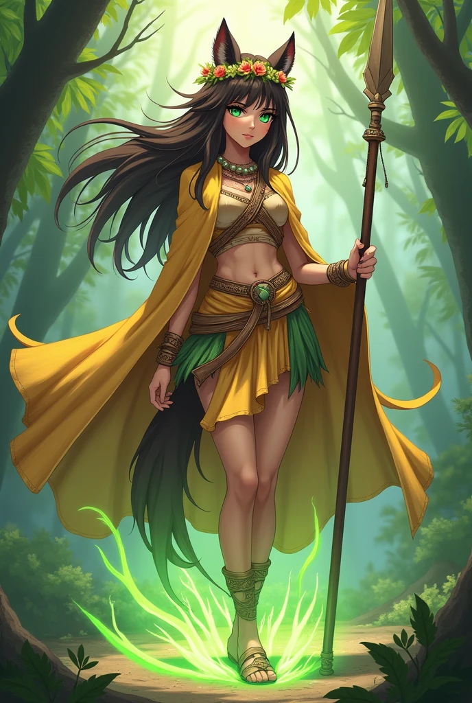 oc anime, female, human race, brown fur and a slightly strong body but not too much, long hair and dark brown eyelashes, a bit messy but straight, emerald eyes, flower crown on her head, wears an indigenous tribal leader's outfit, having a golden cape on her back, and wearing beige slippers, in addition she has a spear, and emanates a greenish aura from her body