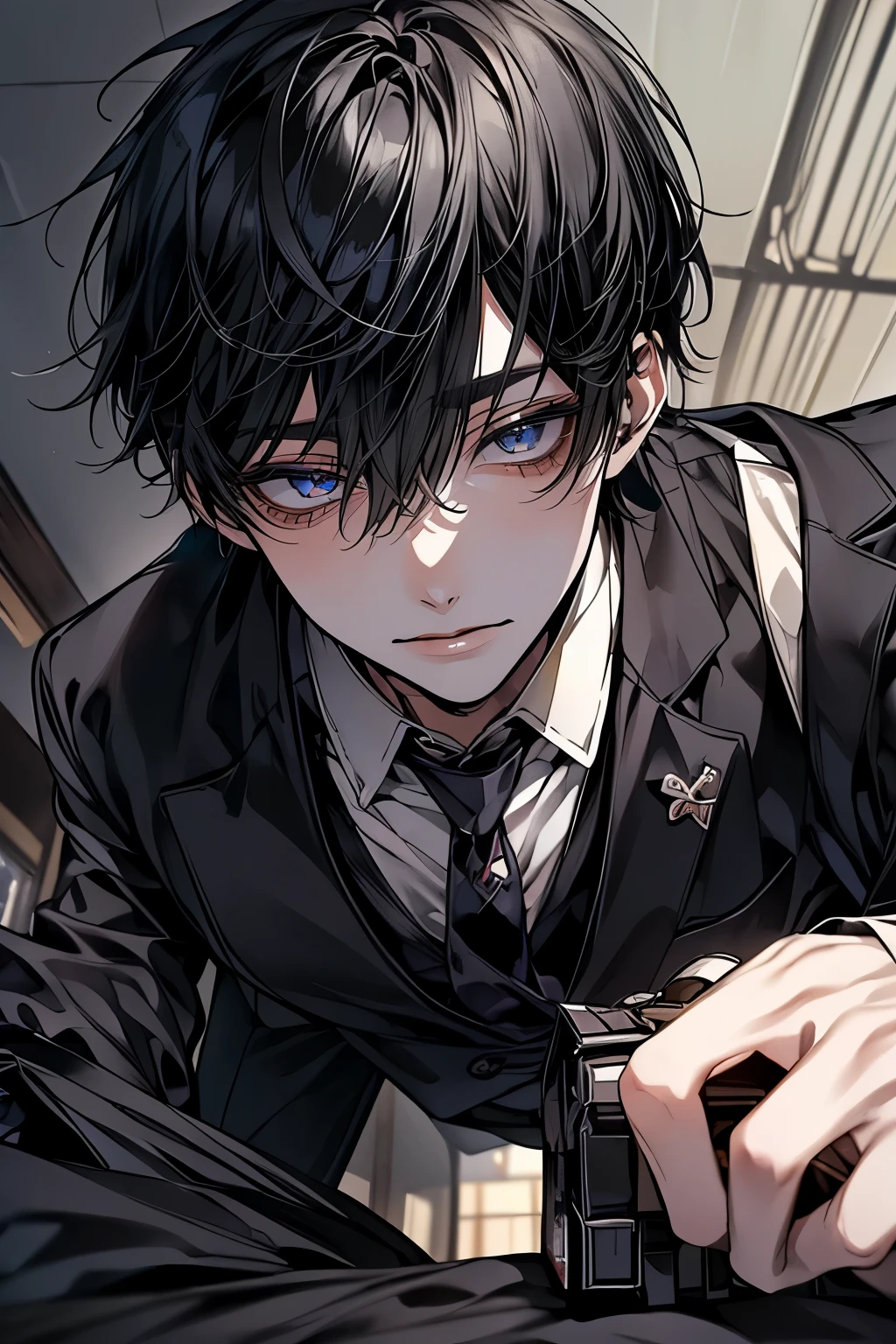 (Mastepiece)、(Best Quality)、Very detailed、((One man:1.3))、((Shooting from below:1.5))、Perfect Face、Beautiful Face、Very detailedな顔、(Black Hair:1.3)、Black suit、((Man loosening his tie:1.5))