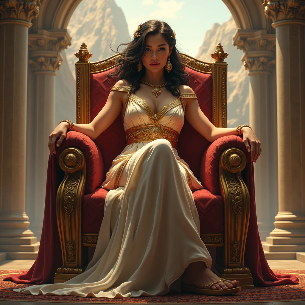 hera, The powerful queen of Olympus, with her attire befitting her dignity and possessing a majestic beauty, sitting on her throne, according to Greek mythology
