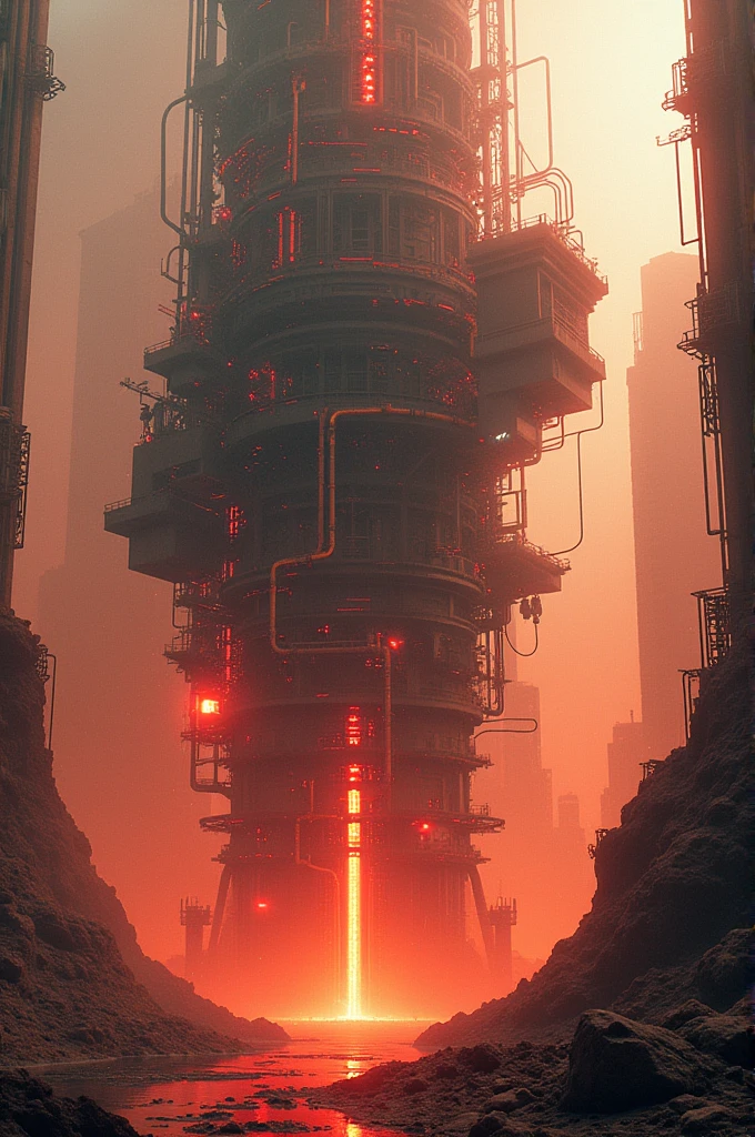a highly detailed orange and red futuristic industrial landscape, a complex fully automated industrial machine, electricity sparks, gears, pipes, mechanical components, intricate machinery, dynamic motion blur, cinematic lighting, dramatic shadows, vibrant colors, photorealistic, 8k, best quality, ultra-detailed, masterpiece