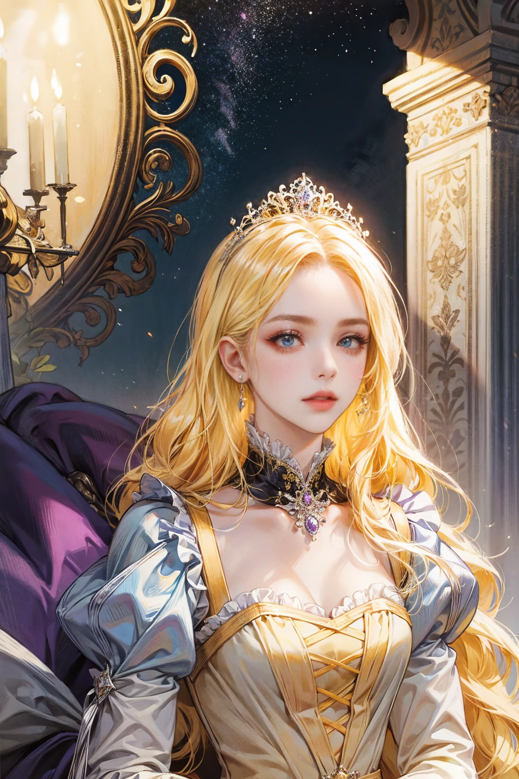 Woman with long yellow hair, alone, looking at the viewer, Bright purple eyes, Princess dress with ruffles on the sleeves.