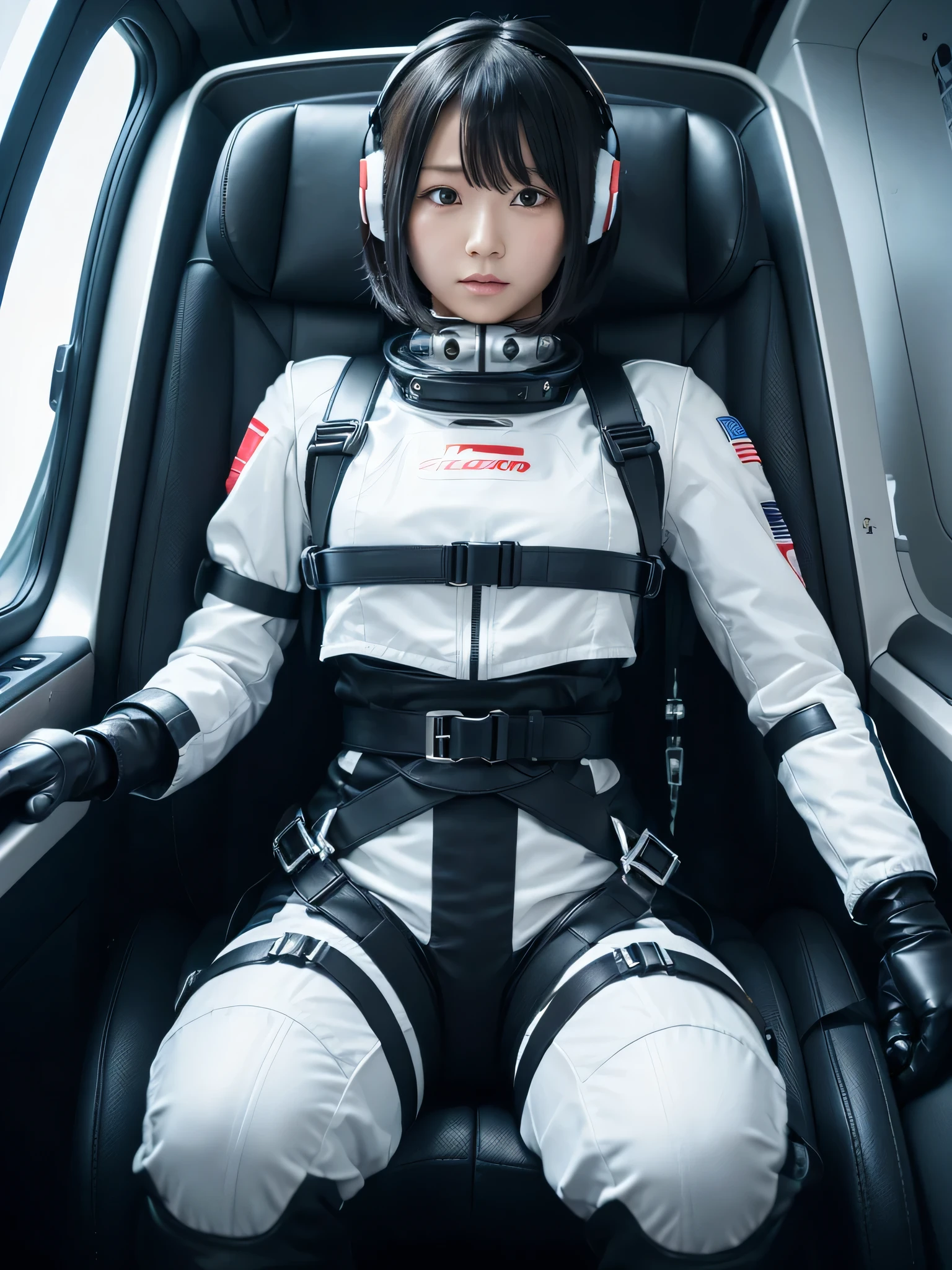 Japanese female android,Black Hair,Space capsule,The person is completely secured in the seat with the backrest reclined by a thick harness belt.,Plump,Spread your legs,Squat,Shiny white robot suit,Surrounded by switches and monitors,