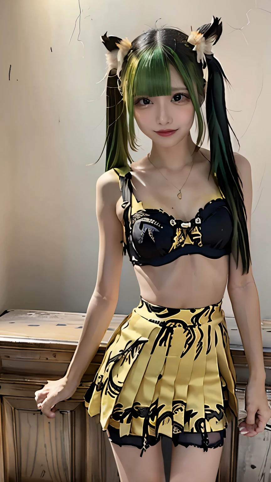 (((Highest quality))),(((Super detailed))),(((masterpiece))),figure,((1 beautiful girl,alone)),(Blue and green hair,Shoulder-length messy hair:1.2),((slim,glamorous)),(Thin legs:1.2),Fair skin,((Yellow and black tiger print bra,Yellow and black tiger print mini skirt)),Short demon horns,Fascinating,Sunlight Filter,Playful,Adventurous,striking appearance,Exotic Settings,Daylight Saving Time,hot,humidity,Vibrant colors,infinite possibilities,Exquisite detail,,Feminine charm,((from the front,Upper Body))