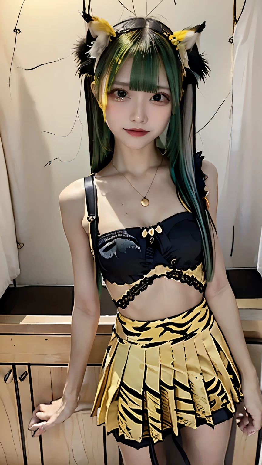 (((Highest quality))),(((Super detailed))),(((masterpiece))),figure,((1 beautiful girl,alone)),(Blue and green hair,Shoulder-length messy hair:1.2),((slim,glamorous)),(Thin legs:1.2),Fair skin,((Yellow and black tiger print bra,Yellow and black tiger print mini skirt)),Short demon horns,Fascinating,Sunlight Filter,Playful,Adventurous,striking appearance,Exotic Settings,Daylight Saving Time,hot,humidity,Vibrant colors,infinite possibilities,Exquisite detail,,Feminine charm,((from the front,Upper Body))