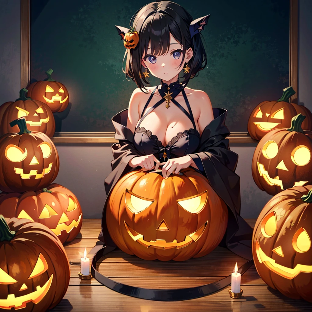 {{{Masterpiece, highest quality, high-resolution background}}}, bright and beautiful atmosphere, 1 girl (, round face, baby face), small breasts, girls preparing for Halloween, a huge pumpkin is placed , a classroom with a Halloween atmosphere, a mini pig wearing a pumpkin, "Deltamon_sdXL" :0.73)>Deltamon"