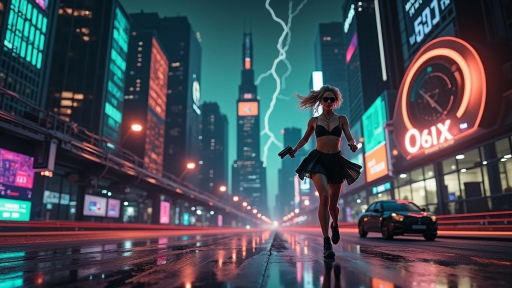 (Wide angle aerial view). At night, simple outlined cyberpunk city, flying cars, all-glass buildings, glowing giant clock tower, lightning, line art background. High-resolution OLED GUI interfaces in the building, The windows are filled with transparent data visualization infographics that show it all, very close-up green glowing cascading code. Colors are saturated and vibrant. At night, (1girl, solo, alone), photorealistic, large-breast slim:0.6 body, oval:0.5 face, black mini bra, cleavage:1.1, deep-v, very low angle view of black pleated miniskirt, white panty, (upskirt), glove, (Matrix style black micro sunglasses), (aiming viewer with a short gun), dynamic running pose, (half-body thigh level close-up shot), cinematic lighting, ray tracing, motion blur background.
