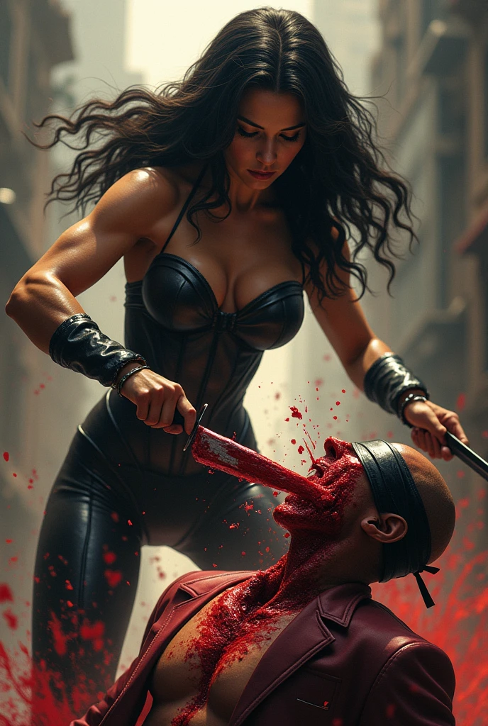 Realistic, A beautiful superheroine girl knife, cut throat A man blindfold neck bloody splash, full body, wide open throat, throat contents