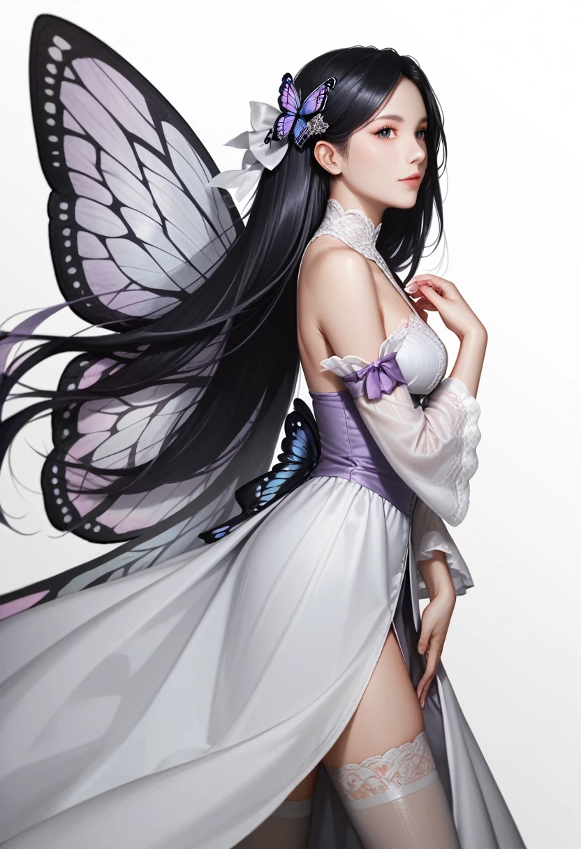 score_9,score_8_superior,score_7_superior, 1girl, solo, (long hair: 1.1), black hair, hair accessories, stockings, ribbons, mid-bust, tulle slit dress, slit Sleeves, wings, butterfly wings, (lavender pink silver theme), (clothing transparency: 1.3), (tulle material), (dynamic angle)