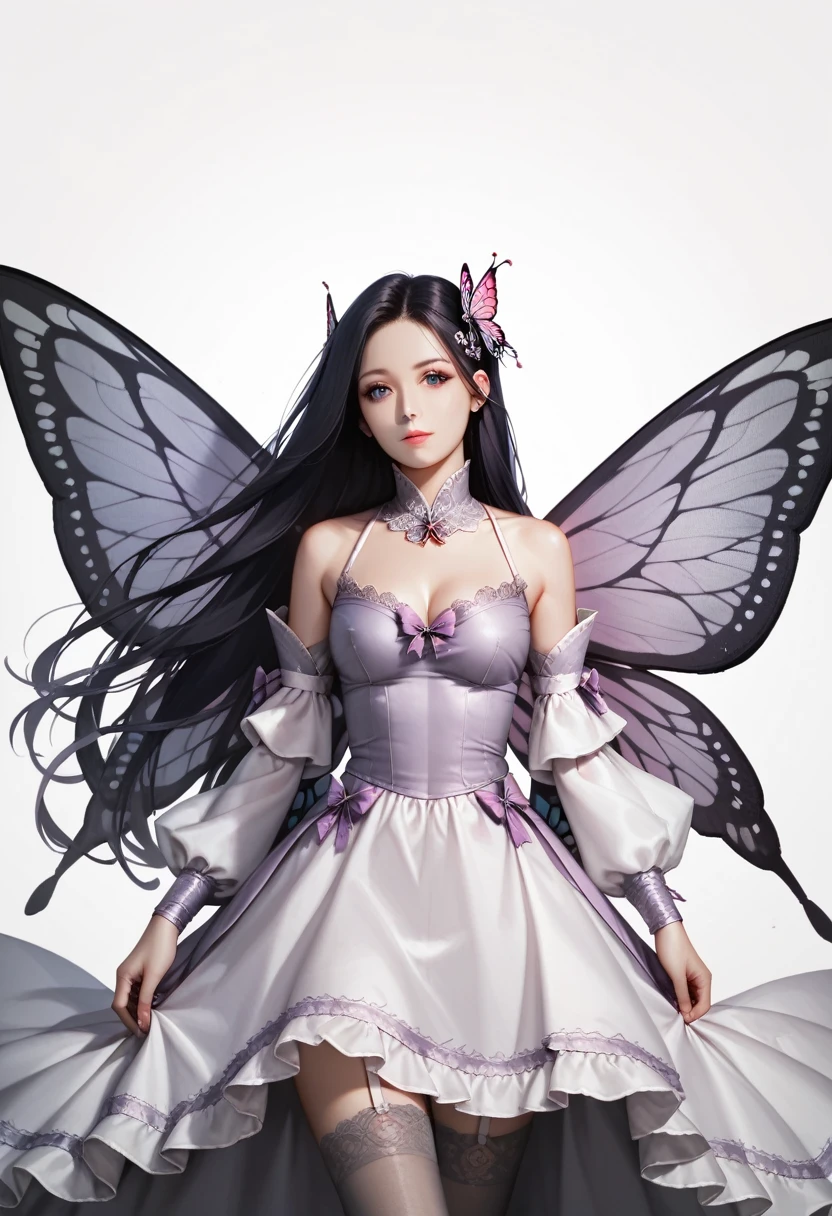 score_9,score_8_superior,score_7_superior, 1girl, solo, (long hair: 1.1), black hair, hair accessories, stockings, ribbons, mid-bust, tulle slit dress, slit Sleeves, wings, butterfly wings, (lavender pink silver theme), (clothing transparency: 1.3), (tulle material), (dynamic angle)