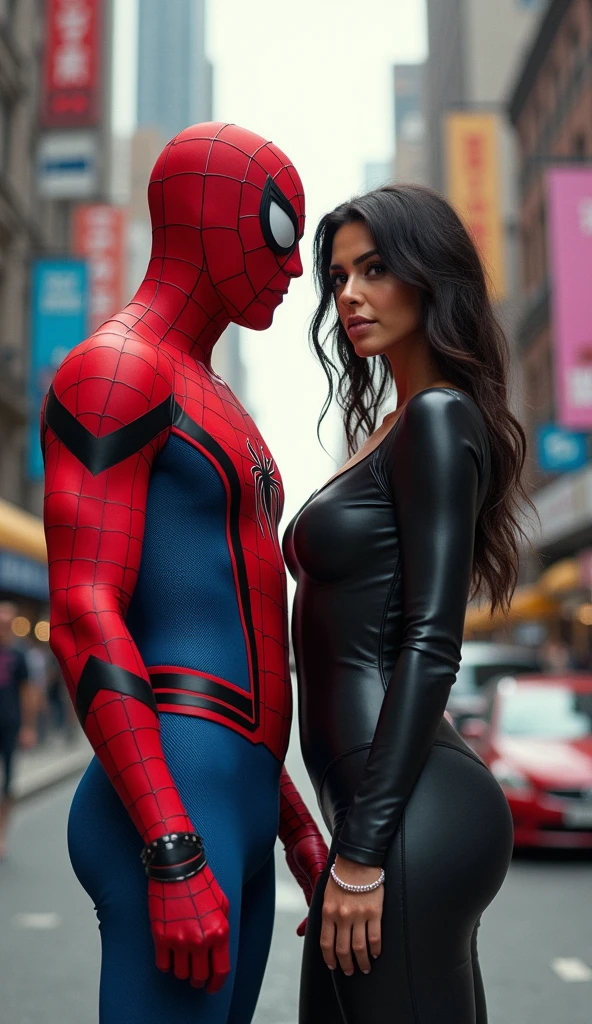 Spider-Man with with Kim Kardashian looking at camera
