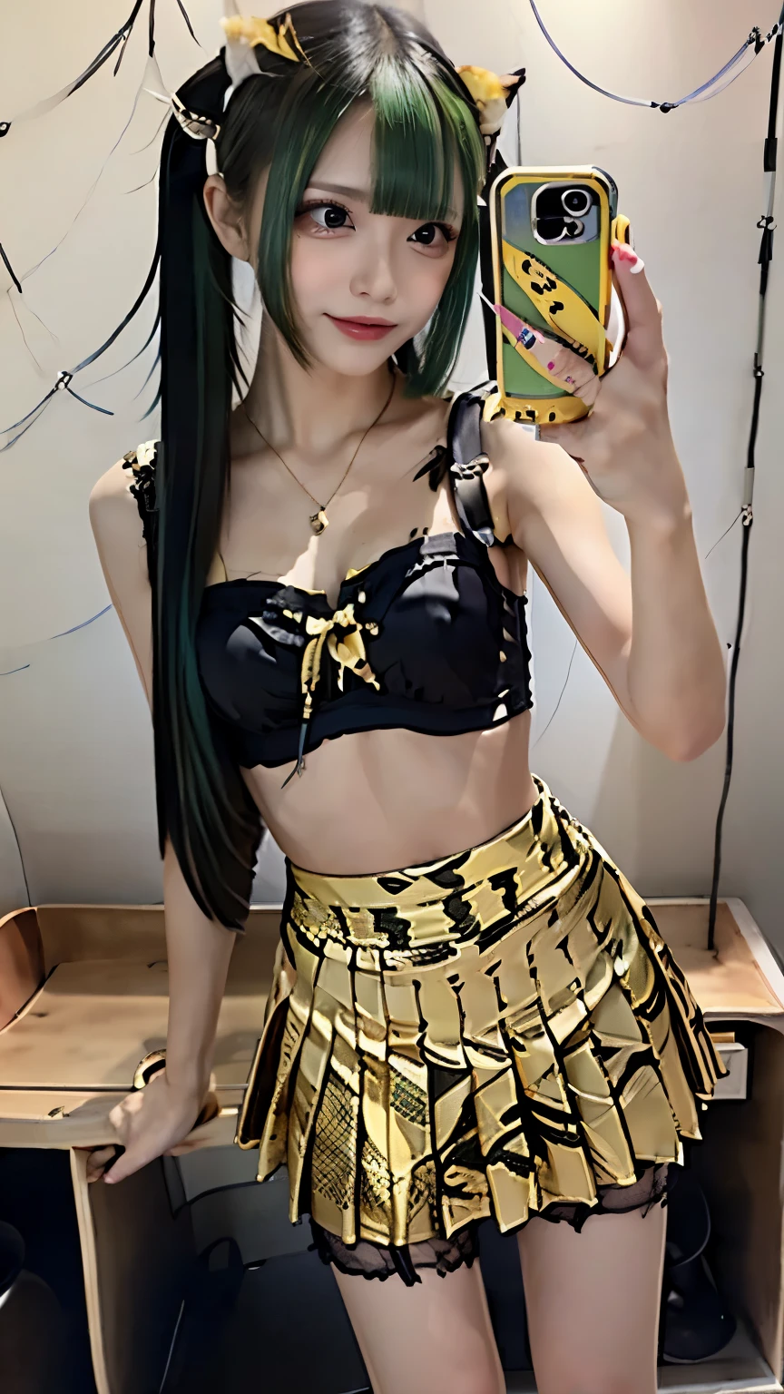(((Highest quality))),(((Super detailed))),(((masterpiece))),figure,((1 beautiful girl,alone)),(Blue and green hair,Shoulder-length messy hair:1.2),((slim,glamorous)),(Thin legs:1.2),Fair skin,((Yellow and black tiger print bra,Yellow and black tiger print mini skirt)),Short demon horns,Fascinating,Sunlight Filter,Playful,Adventurous,striking appearance,Exotic Settings,Daylight Saving Time,hot,humidity,Vibrant colors,infinite possibilities,Exquisite detail,,Feminine charm,((from the front,Upper Body))