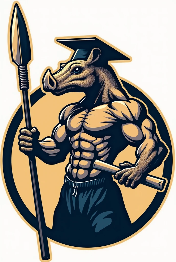 Design a logo that has a fitness human body with an armadillo head holding a spear, a diploma, a realistic graduation hat and a circular logo, it is for a graduating class.
