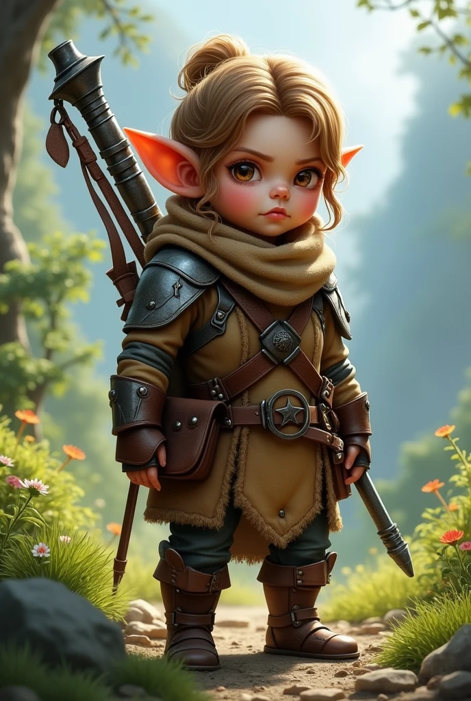 Female halfling character with a snipe weapon on her back RPG