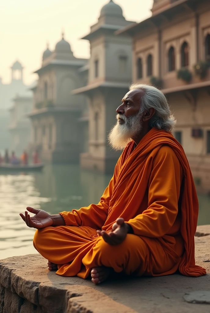 (photorealism:1.2), art of hindu saint meditating in banaras ghat