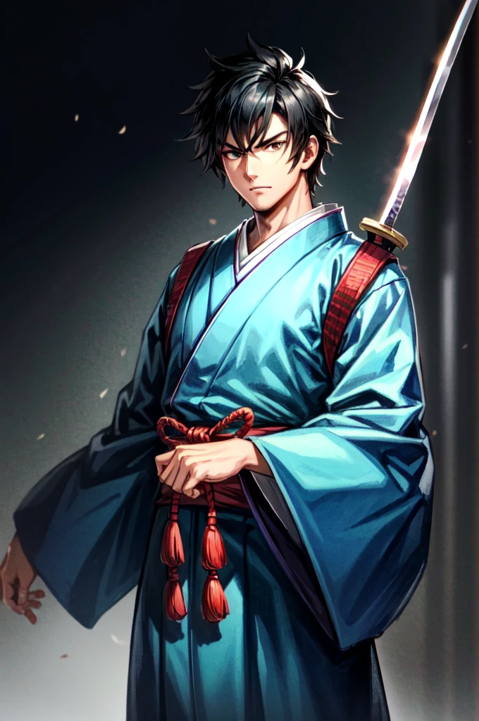 Young Man, Cool Swordsman, wearing light blue kimono, lomg Hair, black hair, black Eyes, Intimidating Appearance, A sharp sword on his back, full body, anime, cinematic lighting, cowboy shot, UHD, retina, masterpiece, accurate, anatomically correct, textured skin, super detail, high details, high quality, award winning, best quality, highres, 8k