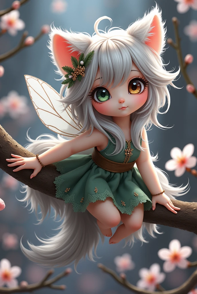 Super mini size、eye々crisp、One eye is green、the other eye is brown.、length, Curled eyelashes、Hair is silver、Raccoon Ears、You&#39;re wearing fluttery clothes、Beautiful fairy、Is that the cherry tree in the background??、Goodbye Poem、エイミーの嘆き