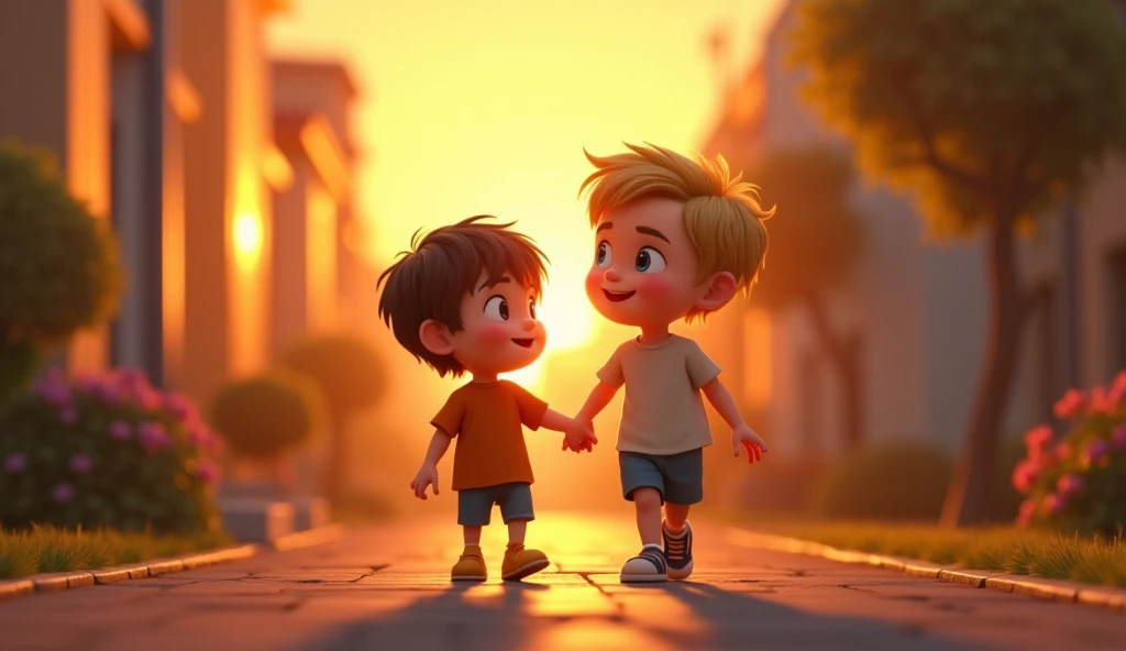 Once upon a time there were two brothers named Cássio and Diogo. Cássio, smaller, short and straight hair, dark brown hair, transparent bangs, big cheeks and round face. Diogo, short blond hair, thin face and blue eyes. Cássio and Diogo walking home, hand in hand, with a setting sun in the background. Show them ready for dinner and bedtime with a warm, welcoming tone. Pixar, Disney, hyper-realistic.