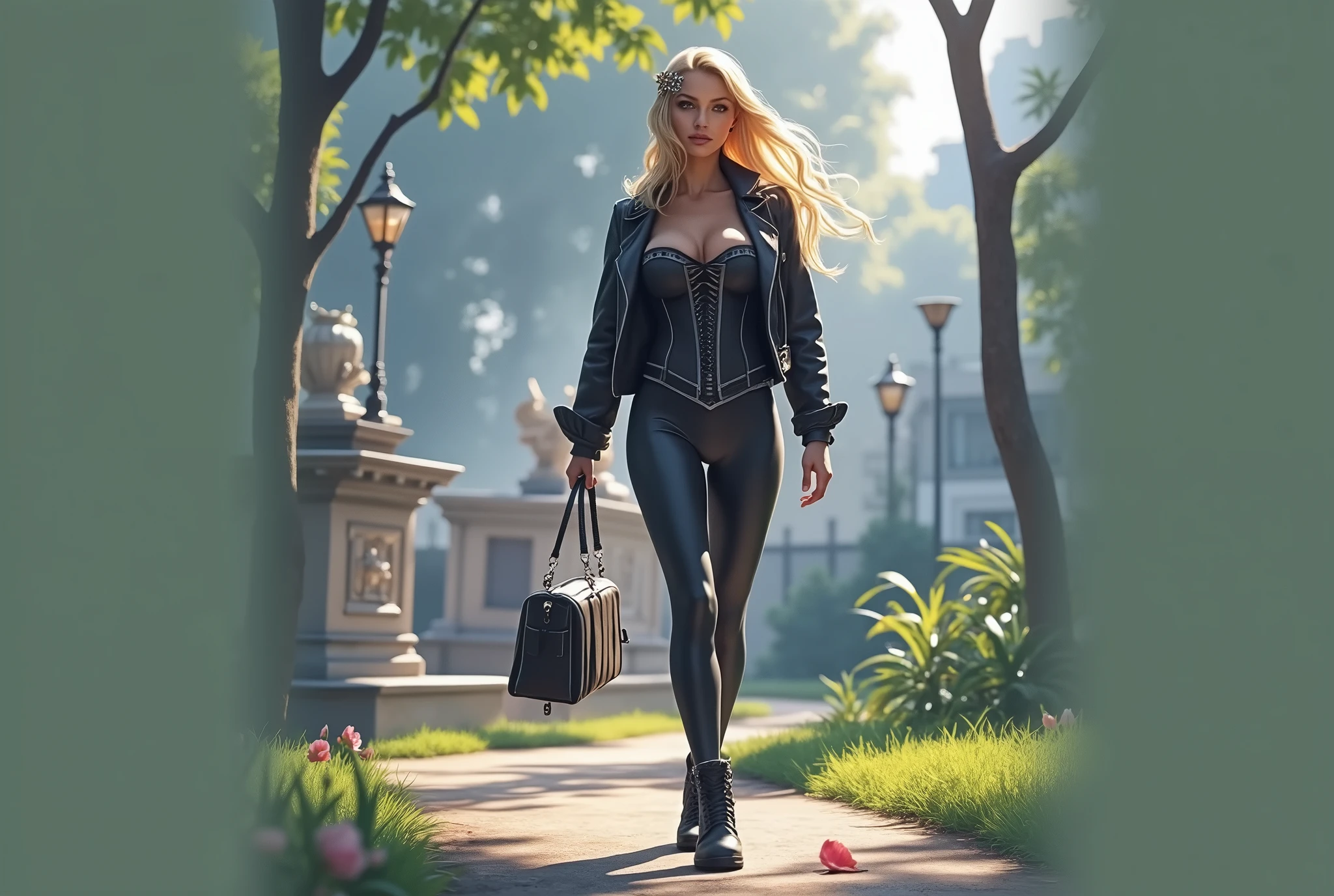 masterpiece, realistic image, an attractive blonde woman with a slender body and an angelic face, wearing a lycra catsuit with corset, leather jacket and a bag, Walking through a park in a beautiful city of Buenos Aires, during a spring afternoon.Alone, High resolution, hair ornament, anatomically correct, 