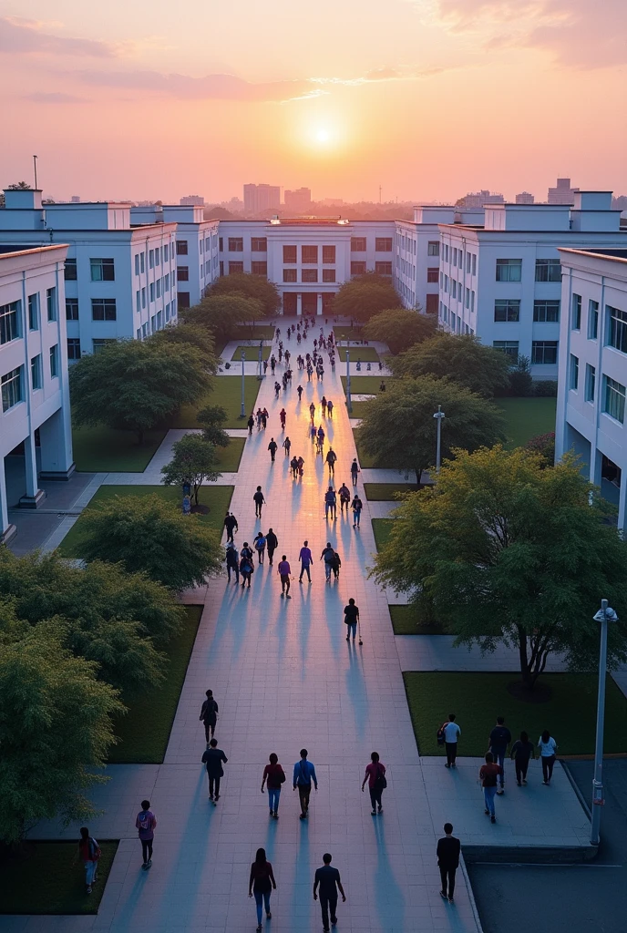 create an aerial horizontal shot of the continental university campus, The university has white colors, purple and blue . The photo should be taken at dawn and with students walking to classes with backpacks and bags., The campus must have several sports areas, study, recreation, dining room