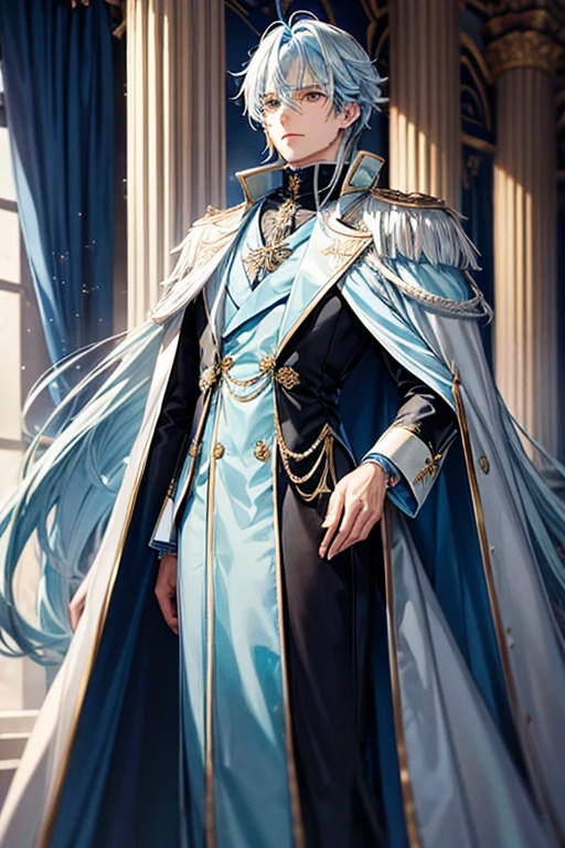 Rimuru Tempest(((Light blue straight hair))),Black aristocratic long coat(Lavish decoration)With bore,Aristocrat&#39;s black trousers))),Noble&#39;s black clothes　Nobleman&#39;s Boots,(((Short cute girl.A big smile))),Holding a long sword in one hand