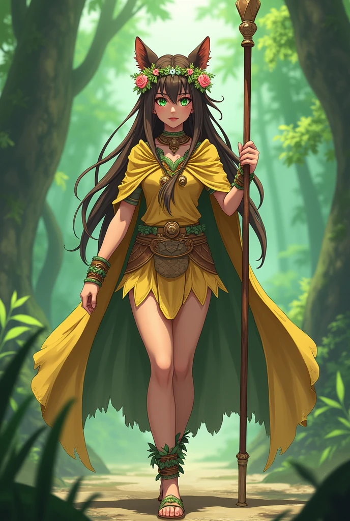 oc anime, female, human race, brown fur and a slightly strong body but not too much, long hair and dark brown eyelashes, a bit messy but straight, emerald eyes, flower crown on her head, wears an indigenous tribal leader's outfit, having a golden cape on her back, and wearing beige slippers, in addition she has a spear, and emanates a greenish aura from her body