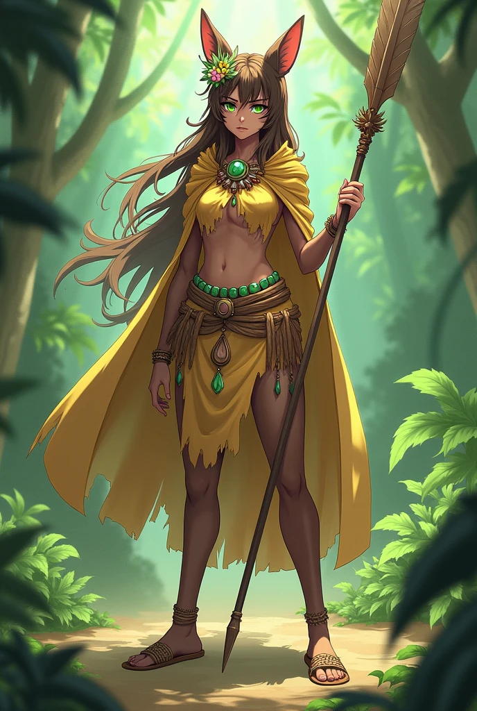 oc anime, female, human race, brown fur and a slightly strong body but not too much, long hair and dark brown eyelashes, a bit messy but straight, emerald eyes, flower crown on her head, wears an indigenous tribal leader's outfit, having a golden cape on her back, and wearing beige slippers, in addition she has a spear, and emanates a greenish aura from her body