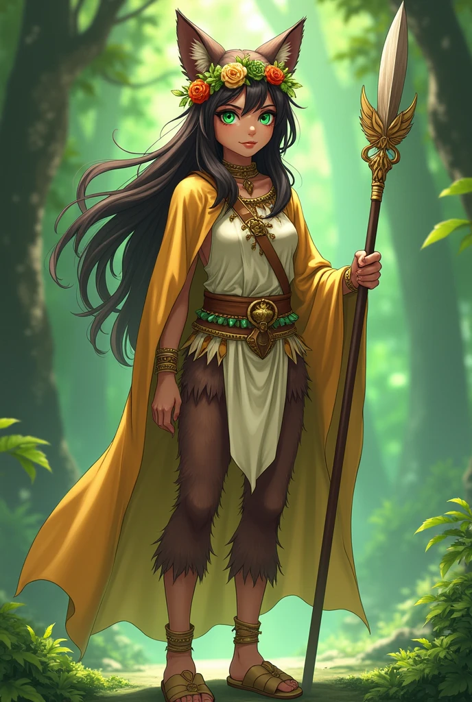 oc anime, female, human race, brown fur and a slightly strong body but not too much, long hair and dark brown eyelashes, a bit messy but straight, emerald eyes, flower crown on her head, wears an indigenous tribal leader's outfit, having a golden cape on her back, and wearing beige slippers, in addition she has a spear, and emanates a greenish aura from her body