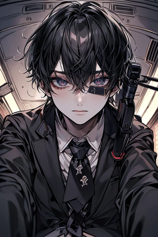 (Mastepiece)、(Best Quality)、Very detailed、((One man:1.4))、((Shooting from below:1.5))、Perfect Face、Beautiful Face、Very detailedな顔、(Black Hair:1.3)、Black suit、((Loosen your tie:1.5))