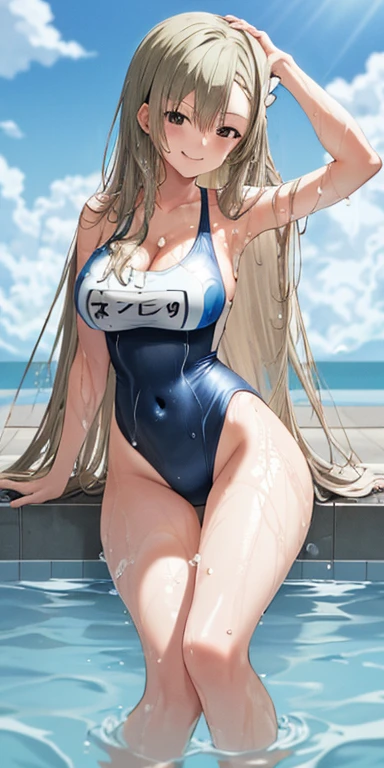 One girl, alone, Asuna, Long Hair, Large Breasts, Cleavage, Thighs, (One piece swimsuit), Sexy pose, smile, Fine hand, swimming pool, (Soaking wet:1.2)