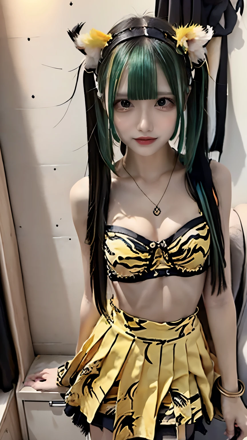 (((Highest quality))),(((Super detailed))),(((masterpiece))),figure,((1 beautiful girl,alone)),(Blue and green hair,Shoulder-length messy hair:1.2),((slim,glamorous)),(Thin legs:1.2),Fair skin,((Yellow and black tiger print bra,Yellow and black tiger print mini skirt)),Short demon horns,Fascinating,Sunlight Filter,Playful,Adventurous,striking appearance,Exotic Settings,Daylight Saving Time,hot,humidity,Vibrant colors,infinite possibilities,Exquisite detail,,Feminine charm,((from the front,Upper Body))
