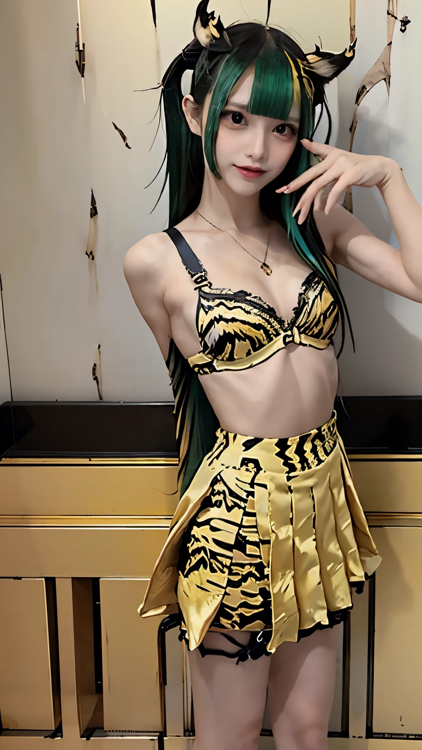 (((Highest quality))),(((Super detailed))),(((masterpiece))),figure,((1 beautiful girl,alone)),(Blue and green hair,Shoulder-length messy hair:1.2),((slim,glamorous)),(Thin legs:1.2),Fair skin,((Yellow and black tiger print bra,Yellow and black tiger print mini skirt)),Short demon horns,Fascinating,Sunlight Filter,Playful,Adventurous,striking appearance,Exotic Settings,Daylight Saving Time,hot,humidity,Vibrant colors,infinite possibilities,Exquisite detail,,Feminine charm,((from the front,Upper Body))