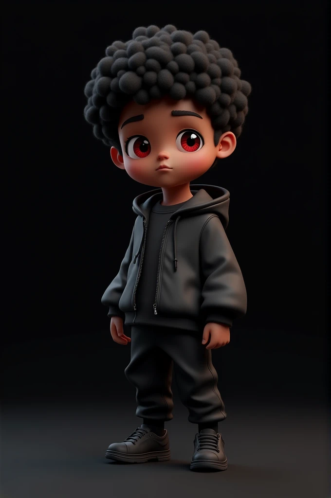 guchen,1 chico,hood,jacket,short hair,black hair,Black pants,black shoes,long sleeves,standing,Dark skin,jacket negra,Red eyes,curly hair,long sleeves abullonadas,Black background,chibi,3D,