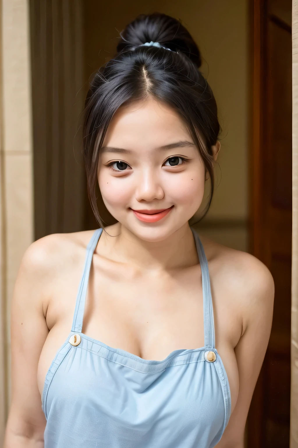 adorable, 1 girl, (face to face), , baby face, happy, medium portrait, (face details: 1), (eye details:1), ((naked big breasts)). wearing transparent transparency mini apron, .. Cute posed. proportional body. Ultra High Res. realistic: 1.4, UHD, poke a bun Hairstyle , lace 