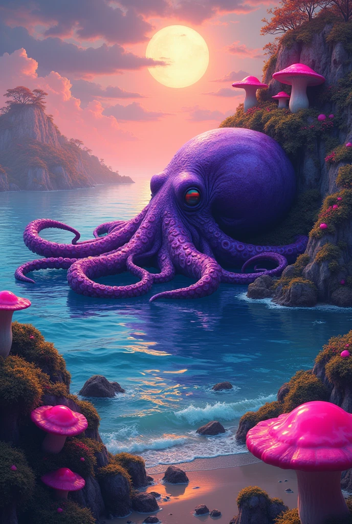 purple radioactive psychedelic octopus from a hallucination lying sleeping on the surface of the magical sea near the coast paradise beach full of hallucinogenic mushrooms on a calm day colored with sun