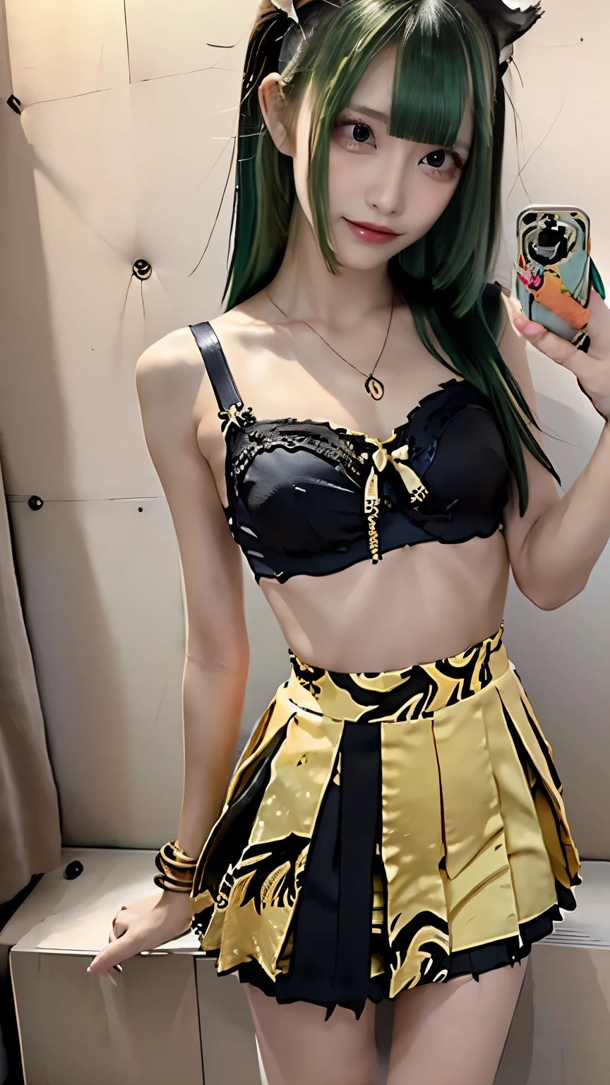 (((Highest quality))),(((Super detailed))),(((masterpiece))),figure,((1 beautiful girl,alone)),(Blue and green hair,Shoulder-length messy hair:1.2),((slim,glamorous)),(Thin legs:1.2),Fair skin,((Yellow and black tiger print bra,Yellow and black tiger print mini skirt)),Short demon horns,Fascinating,Sunlight Filter,Playful,Adventurous,striking appearance,Exotic Settings,Daylight Saving Time,hot,humidity,Vibrant colors,infinite possibilities,Exquisite detail,,Feminine charm,((from the front,Upper Body))