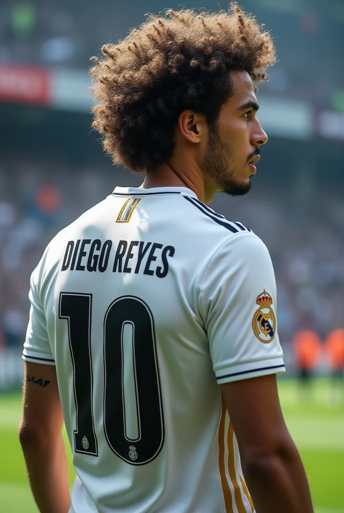 I create a young man with curly hair on his back wearing a Real Madrid uniform and on his shirt it says Diego Reyes 