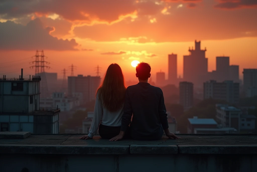 make a young couple of lovers sitting on the roof of a balcony and watching the beautiful and surreal sunset on the horizon, in a dark, gray, abandoned modern city, There are tall buildings on the horizon and round factory towers with pollution smoke, a neighborhood alley, There are several electricity poles on the horizon on both sides of the imahem and the city stretches across the horizon