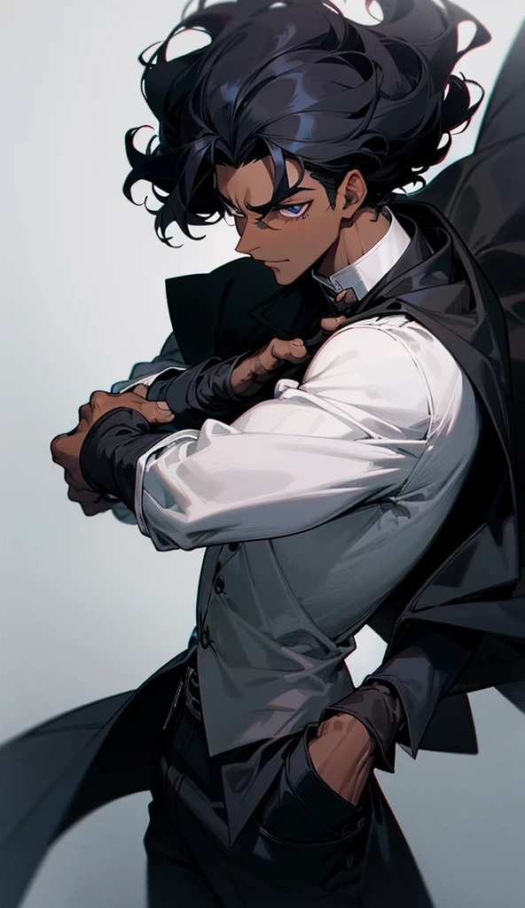 Image of a dark-skinned boy with curly black hair wearing a black shirt and a black overcoat with white trim on top and wearing black fingerless gloves, Clothing design based on Rob Lucci's style